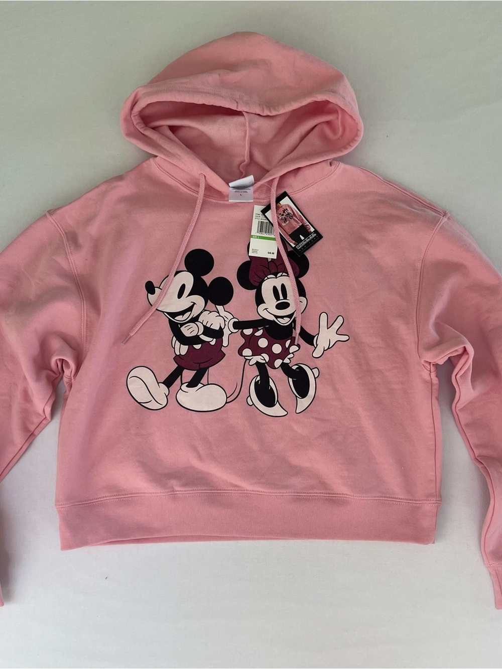 Disney Mickey Minnie Mouse Pink Cropped Sweatshirt Pullover Hoodie Size L NEW
